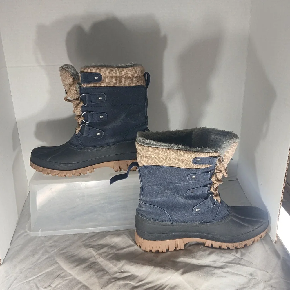 Mishansha Mens Snow Boots‎ Navy Blue Tan Duck Boots Faux Fur Lined Size 7